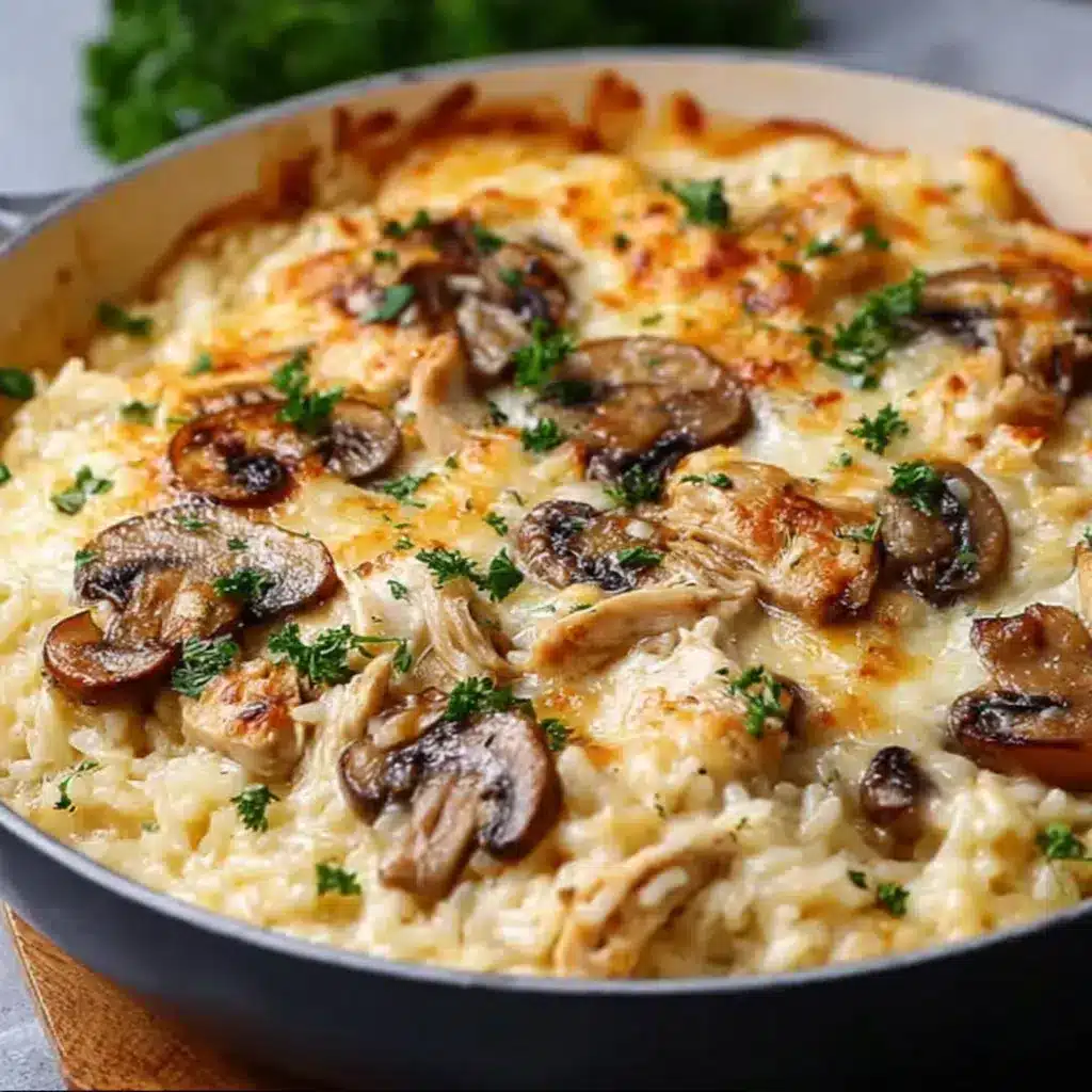 Pastel cremoso de arroz, pollo y champiñones gratinado