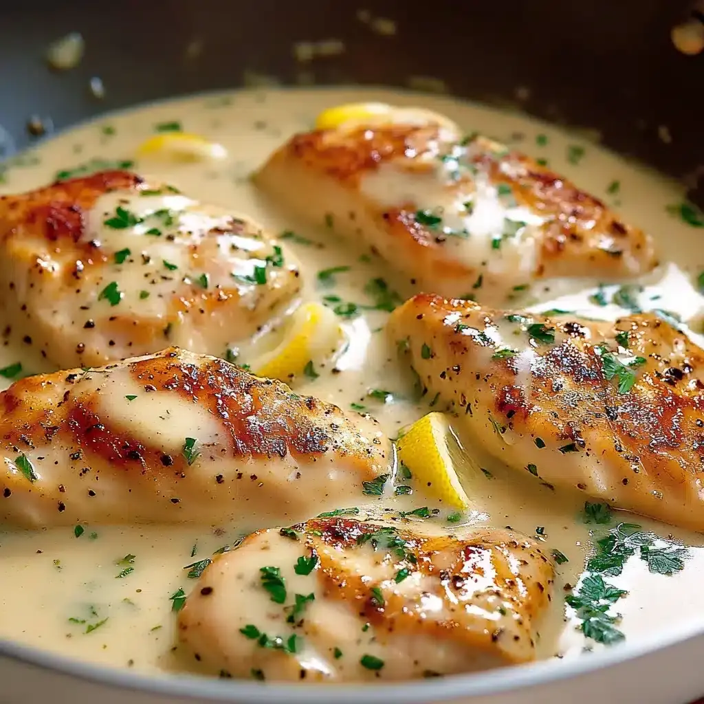 Filets de poulet tendres à la sauce crème citronnée à l’ail 4 filets de poulet sauce citron ail