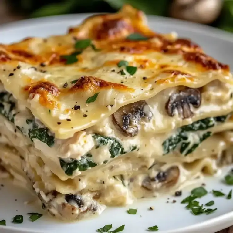 Lasagnes blanches au poulet, épinards et champignons
