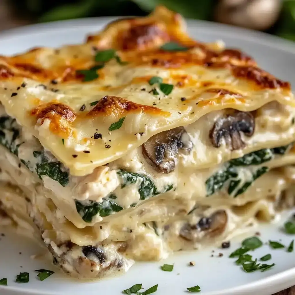 Lasagnes blanches au poulet, épinards et champignons