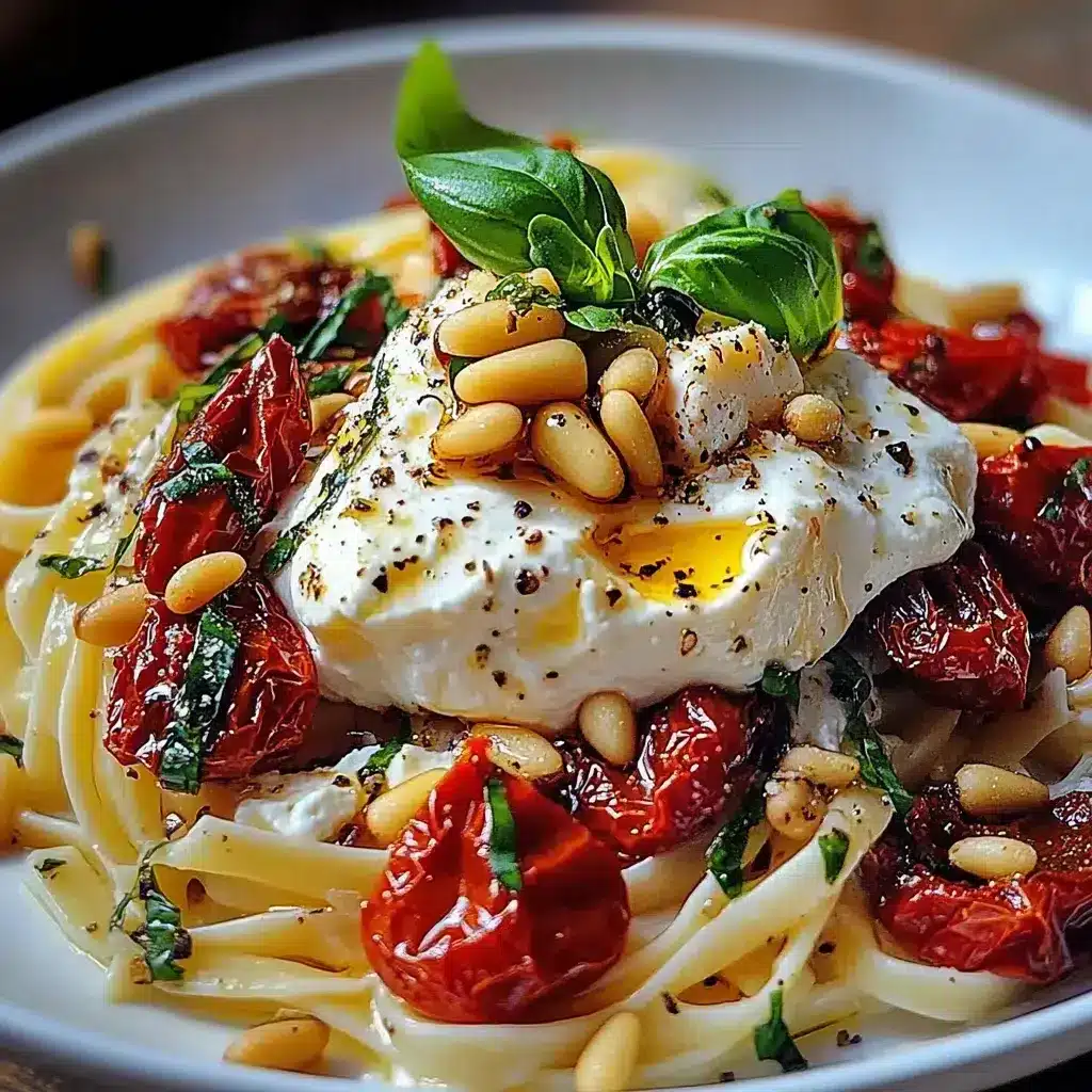 Pâtes au soleil : burrata, tomates confites et pignons 4 pâtes burrata tomates confites