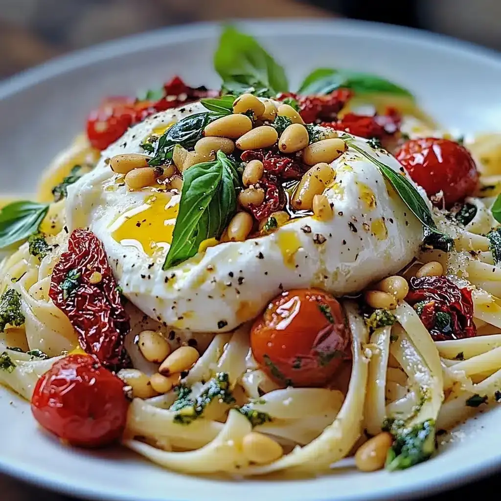 Pâtes au soleil : burrata, tomates confites et pignons