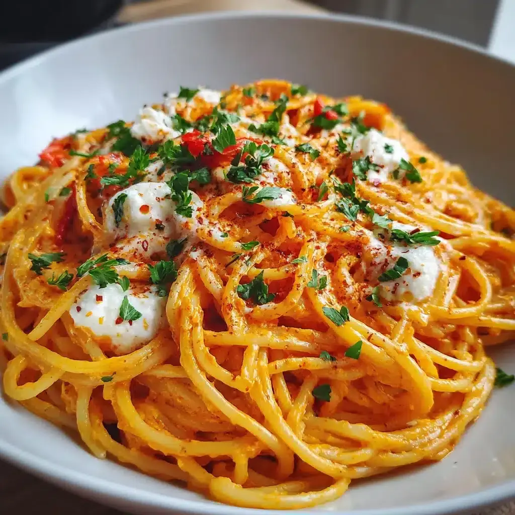 Spaghetti à la crème de poivron rouge et mozzarella 4 spaghetti crème poivron rouge mozzarella