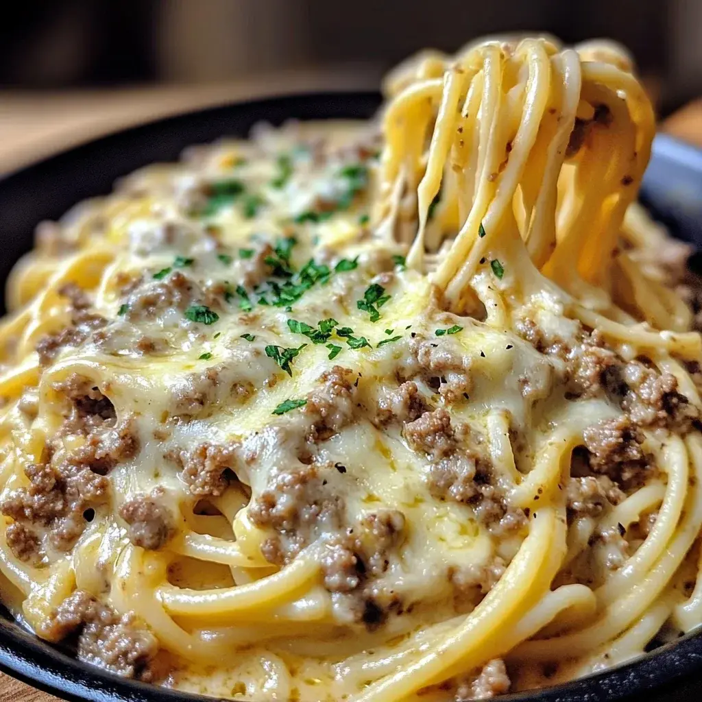 Linguine aux Quatre Fromages et Boeuf Haché en Sauce Crémeuse à l’Ail