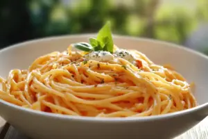 Spaghetti à la Crème de Poivron Rouge et Mozzarella