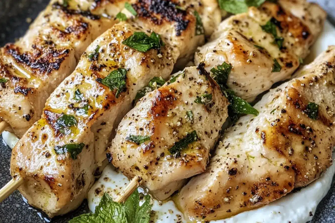 Brochettes de poulet marinées au yaourt à la grecque 2 brochettes de poulet mariné yaourt grecque