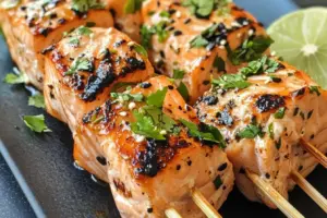 Brochettes de saumon marinées à la coriandre, citron vert et lait de coco