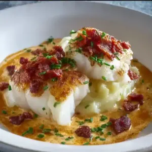 Dos de cabillaud à la crème de chorizo et écrasé de pommes de terre