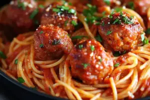 Casserole de spaghettis et boulettes de viande au four