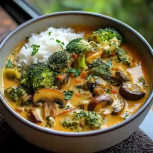 Curry de Brocoli, Champignons et Aubergines au Lait de Coco