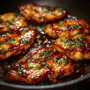 Escalopes de poulet caramélisées à l’ail, au miel et à la sauce soja