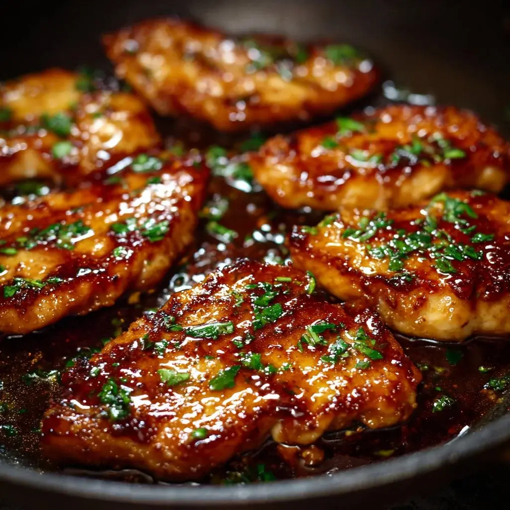 Escalopes de poulet caramélisées à l'ail, au miel et à la sauce soja 2 escalopes de poulet caramélisées ail miel sauce soja