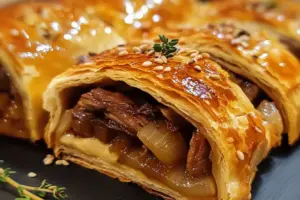 Feuilletés roulés à l’effiloché de canard avec oignons confits et brie