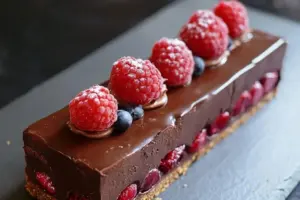 Gâteau au chocolat noir et framboises fraîches