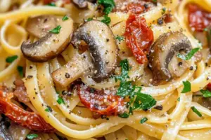 Linguines fraîches aux champignons, tomates séchées et pancetta