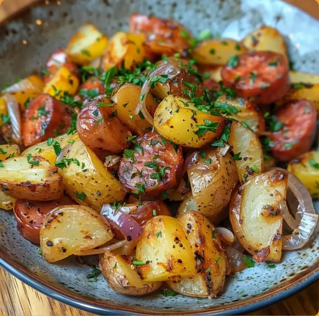 Pommes de Terre Frites, Oignons et Saucisses Fumées