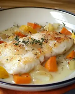 Filets de poisson au four avec petits légumes et sauce crémeuse au vin blanc