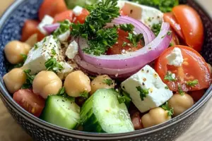 Salade fraîche de pois chiches, tomates, concombre et feta