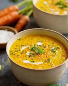Soupe crémeuse de lentilles corail, carottes et poireaux au curry