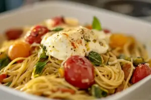 Spaghetti aux légumes grillés et burrata